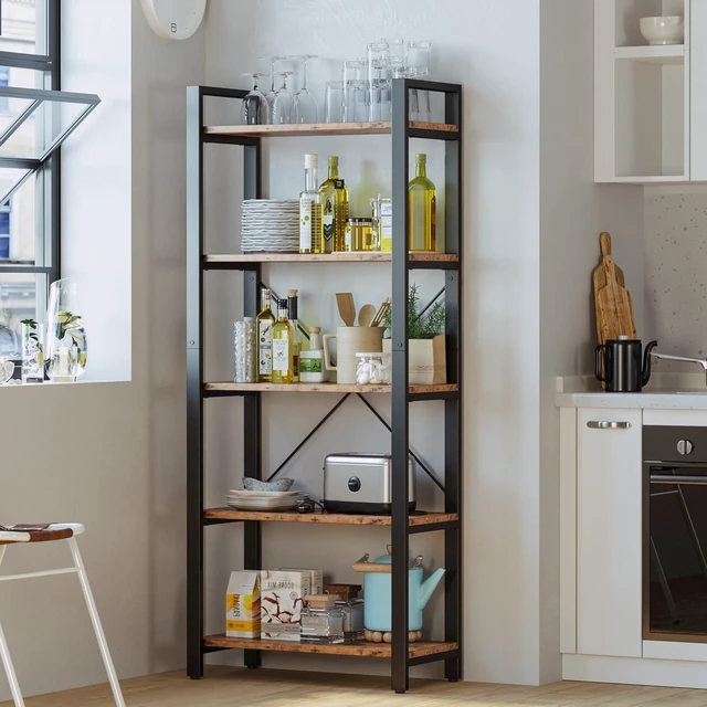 Alt view image 2 of 7 - Bookshelf, 5-Tier Industrial Ladder 110 lb per Shelf, Vintage Brown | 5-tier bookshelf. Metal frame, Cross-Iron Back. Anti-tip. Industrial Bookshelves for Living Room Home Office