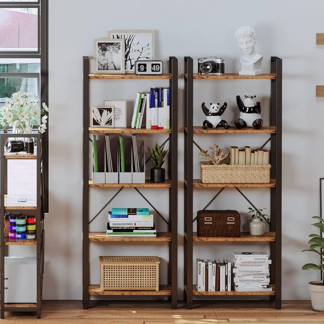 Alt view image 3 of 7 - Bookshelf, 5-Tier Industrial Ladder 110 lb per Shelf, Vintage Brown | 5-tier bookshelf. Metal frame, Cross-Iron Back. Anti-tip. Industrial Bookshelves for Living Room Home Office