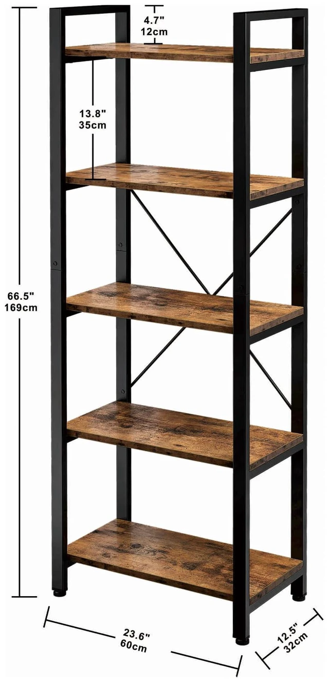 Alt view image 4 of 7 - Bookshelf, 5-Tier Industrial Ladder 110 lb per Shelf, Vintage Brown | 5-tier bookshelf. Metal frame, Cross-Iron Back. Anti-tip. Industrial Bookshelves for Living Room Home Office