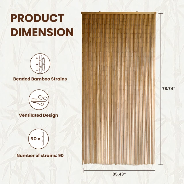 Alt view image 2 of 7 - Natural Bamboo Beaded Curtain for Doorway 35.4" x 78.7" | 90-strand bead curtain, Japandi & Wabi Sabi décor, closet & room divider, natural bamboo texture, hanging hook included
