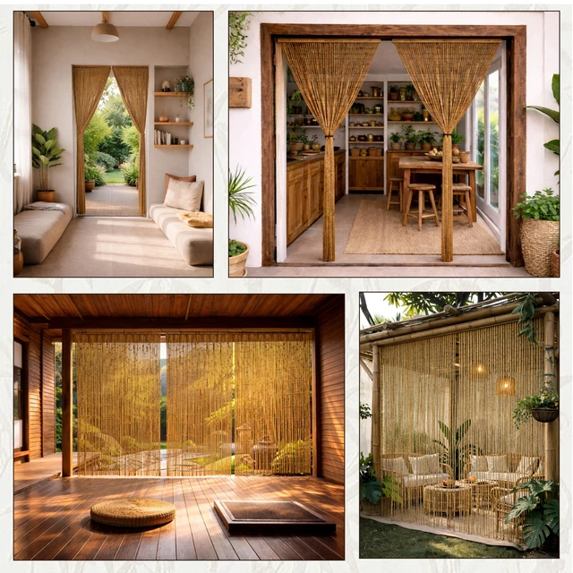 Alt view image 6 of 7 - Natural Bamboo Beaded Curtain for Doorway 35.4" x 78.7" | 90-strand bead curtain, Japandi & Wabi Sabi décor, closet & room divider, natural bamboo texture, hanging hook included