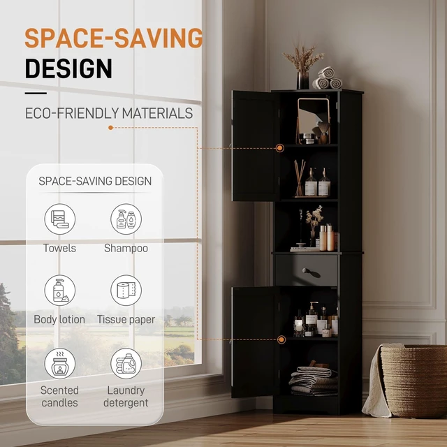 Alt view image 3 of 7 - Tall Bathroom Cabinet, Storage Cabinet with 2 Doors & 2Drawer, with Ajustable Shelve, for Bathrooms, Kitchens,EntrancesBlack