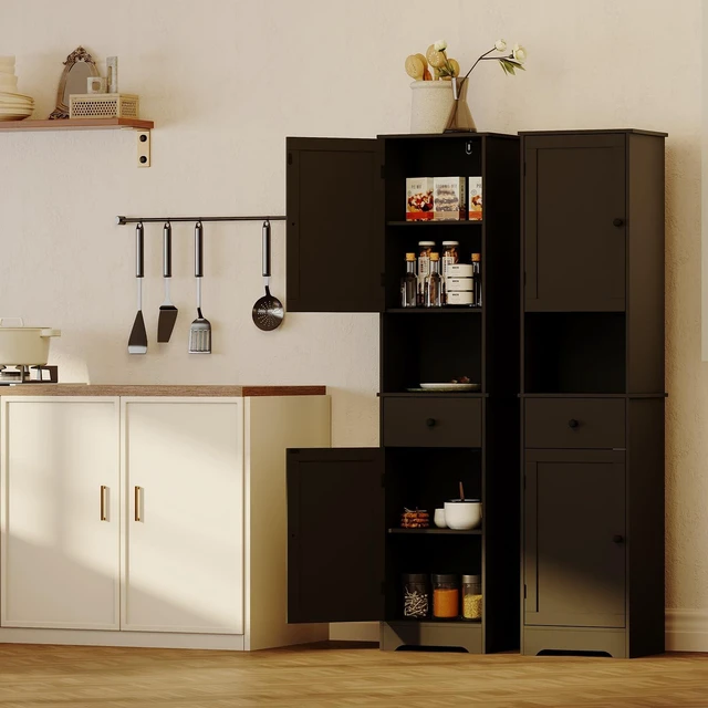 Alt view image 6 of 7 - Tall Bathroom Cabinet, Storage Cabinet with 2 Doors & 2Drawer, with Ajustable Shelve, for Bathrooms, Kitchens,EntrancesBlack