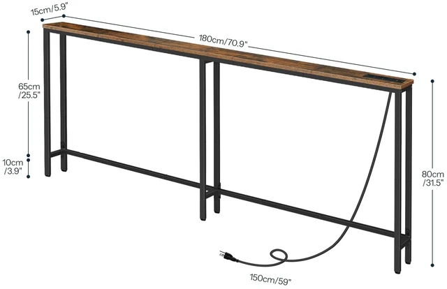 Alt view image 6 of 7 - 70.9" Narrow Console Table with Charging Station, 5.9" Sofa Table | Slim Behind Couch Sofa Table, 2 AC Outlets & USB-C Ports, Long Entryway Tables, for Hallway, Livingroom, Rustic Brown & Black