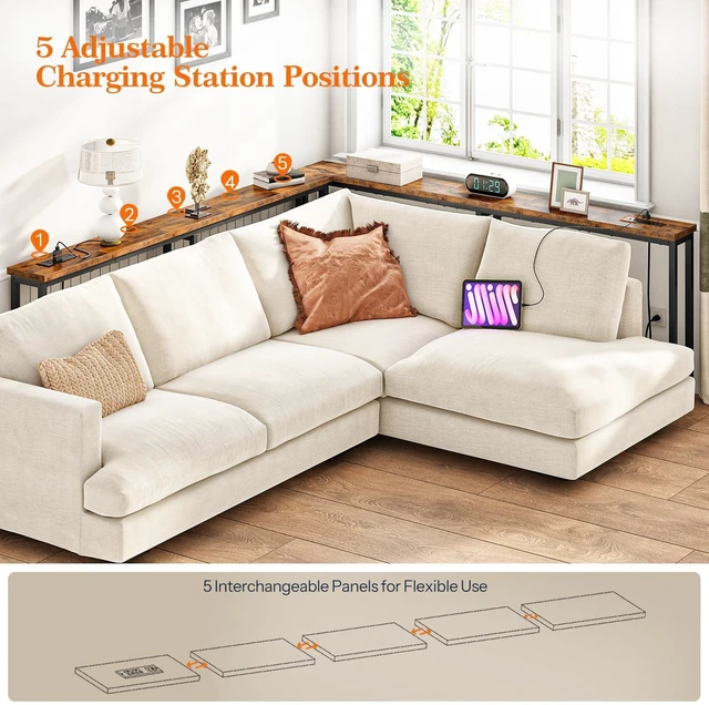 Alt view image 4 of 7 - 70.9" Narrow Console Table with Charging Station, 5.9" Sofa Table | Slim Behind Couch Sofa Table, 2 AC Outlets & USB-C Ports, Long Entryway Tables, for Hallway, Livingroom, Rustic Brown & Black