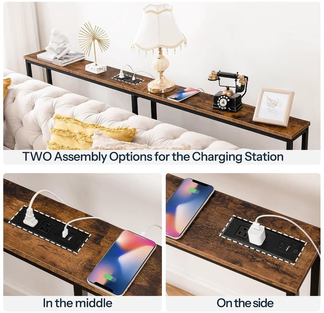 Alt view image 7 of 7 - 70.9" Narrow Console Table with Charging Station, 5.9" Sofa Table | Slim Behind Couch Sofa Table, 2 AC Outlets & USB-C Ports, Long Entryway Tables, for Hallway, Livingroom, Rustic Brown & Black