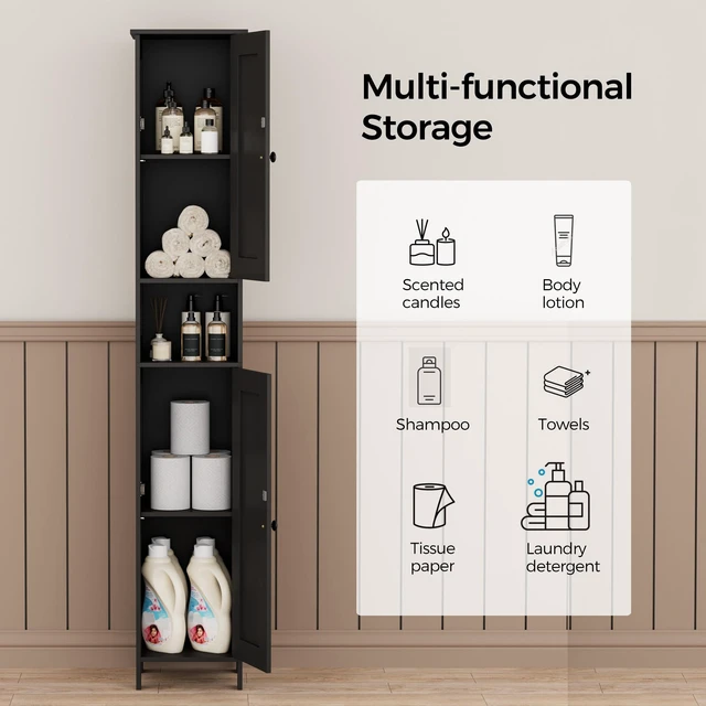 Alt view image 4 of 7 - Tall Bathroom Storage Cabinet with 2 Doors, Slim Bathroom Cabinet | Narrow Storage Cabinet with Adjustable Shelves, Reversible Door, Easy Assembly, for Bathroom, Living Room, Black, 11.8''W