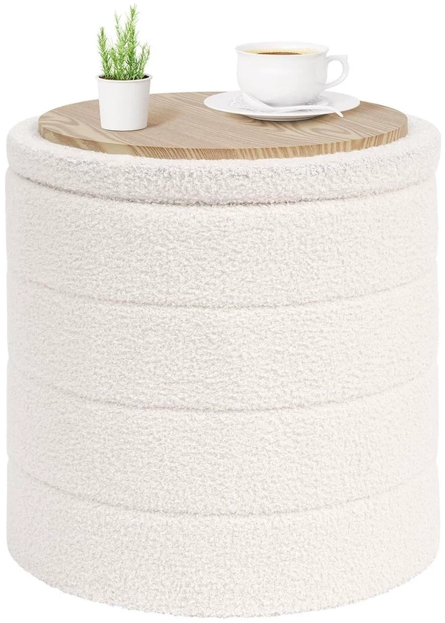 Main image of Round Folding Storage Ottoman, Cream Boucle Footstool | Round Ottoman with Soft Bouclé Cover, Hidden Storage and Foldable Design for Living Room, Bedroom or Dorm