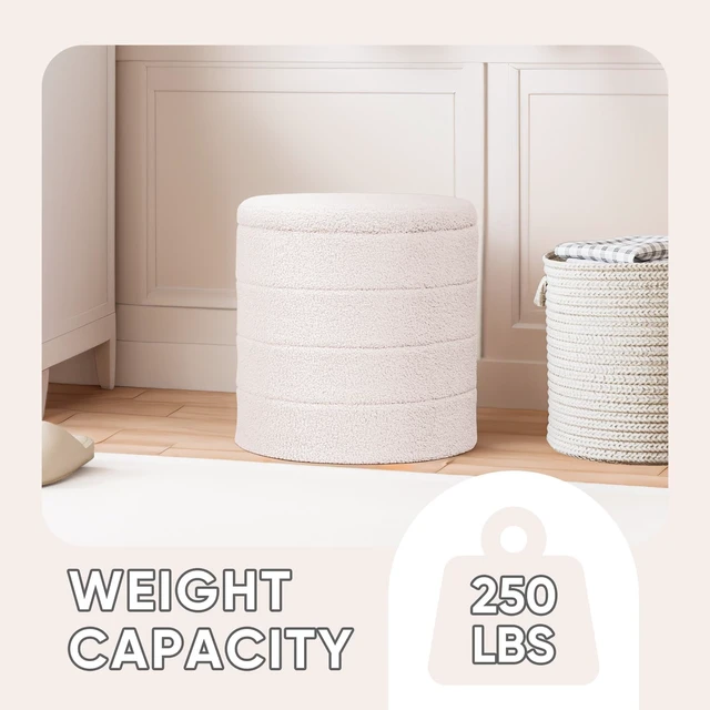 Alt view image 2 of 7 - Round Folding Storage Ottoman, Cream Boucle Footstool | Round Ottoman with Soft Bouclé Cover, Hidden Storage and Foldable Design for Living Room, Bedroom or Dorm