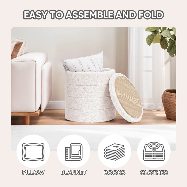 Alt view image 3 of 7 - Round Folding Storage Ottoman, Cream Boucle Footstool | Round Ottoman with Soft Bouclé Cover, Hidden Storage and Foldable Design for Living Room, Bedroom or Dorm