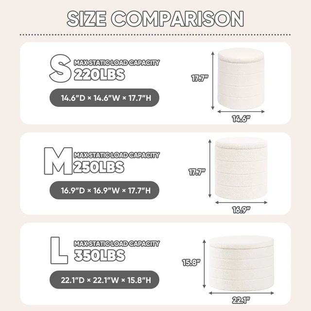 Alt view image 4 of 7 - Round Folding Storage Ottoman, Cream Boucle Footstool | Round Ottoman with Soft Bouclé Cover, Hidden Storage and Foldable Design for Living Room, Bedroom or Dorm