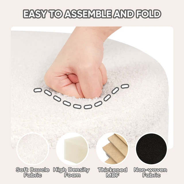 Alt view image 5 of 7 - Round Folding Storage Ottoman, Cream Boucle Footstool | Round Ottoman with Soft Bouclé Cover, Hidden Storage and Foldable Design for Living Room, Bedroom or Dorm