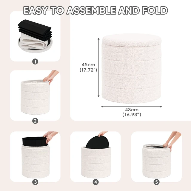 Alt view image 6 of 7 - Round Folding Storage Ottoman, Cream Boucle Footstool | Round Ottoman with Soft Bouclé Cover, Hidden Storage and Foldable Design for Living Room, Bedroom or Dorm