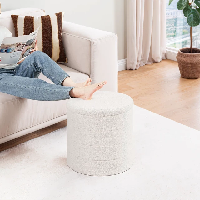 Alt view image 7 of 7 - Round Folding Storage Ottoman, Cream Boucle Footstool | Round Ottoman with Soft Bouclé Cover, Hidden Storage and Foldable Design for Living Room, Bedroom or Dorm