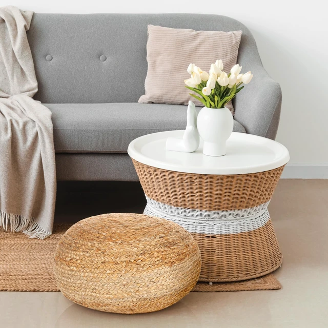 Alt view image 2 of 7 - Round Pouf Ottoman Footrest, Natural Jute Woven, Boho Pouf, Bohemian Style Casual Seating for Living Room, Bedroom, Patio Decor 19"x 19"x 10.5"