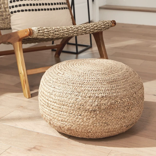 Alt view image 4 of 7 - Round Pouf Ottoman Footrest, Natural Jute Woven, Boho Pouf, Bohemian Style Casual Seating for Living Room, Bedroom, Patio Decor 19"x 19"x 10.5"