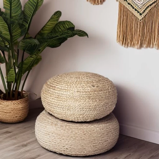 Alt view image 5 of 7 - Round Pouf Ottoman Footrest, Natural Jute Woven, Boho Pouf, Bohemian Style Casual Seating for Living Room, Bedroom, Patio Decor 19"x 19"x 10.5"