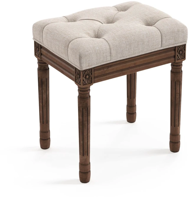 Main image of Upholstered Fabric Vanity Bench Seat, Makeup Stools for Vanity, Square Tufted Ottoman Bench with Carved Dark Brown Legs for Bedroom Living Room, Linen Color