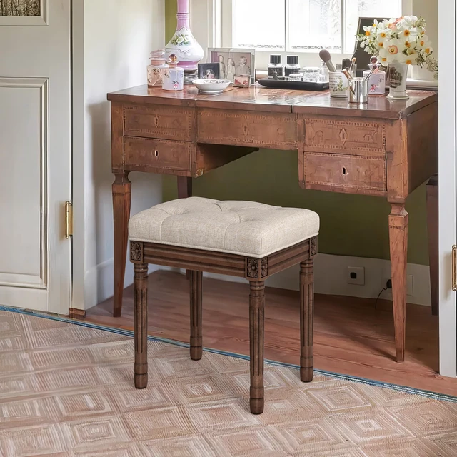 Alt view image 2 of 6 - Upholstered Fabric Vanity Bench Seat, Makeup Stools for Vanity, Square Tufted Ottoman Bench with Carved Dark Brown Legs for Bedroom Living Room, Linen Color