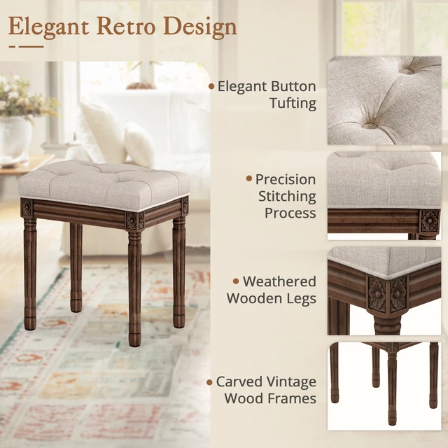 Alt view image 3 of 6 - Upholstered Fabric Vanity Bench Seat, Makeup Stools for Vanity, Square Tufted Ottoman Bench with Carved Dark Brown Legs for Bedroom Living Room, Linen Color
