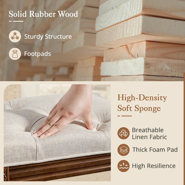 Alt view image 4 of 6 - Upholstered Fabric Vanity Bench Seat, Makeup Stools for Vanity, Square Tufted Ottoman Bench with Carved Dark Brown Legs for Bedroom Living Room, Linen Color