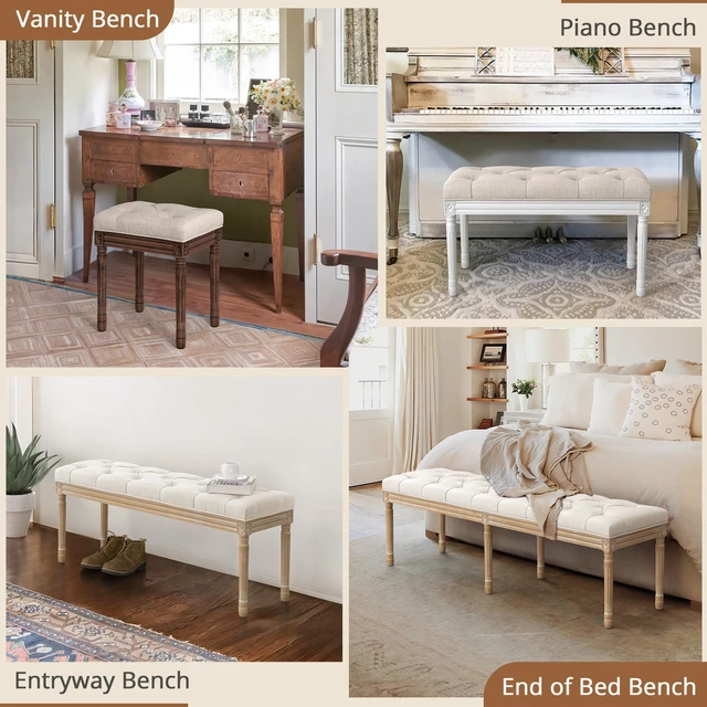 Alt view image 5 of 6 - Upholstered Fabric Vanity Bench Seat, Makeup Stools for Vanity, Square Tufted Ottoman Bench with Carved Dark Brown Legs for Bedroom Living Room, Linen Color