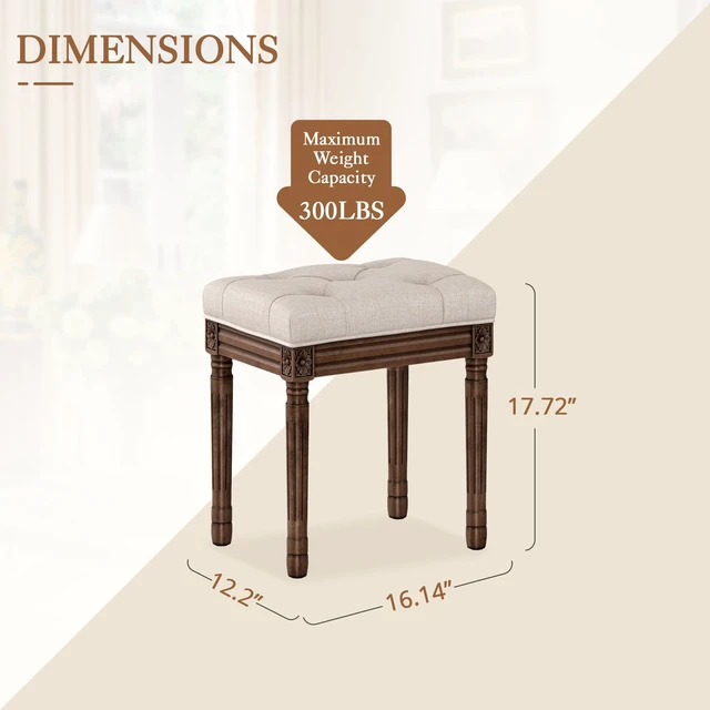 Alt view image 6 of 6 - Upholstered Fabric Vanity Bench Seat, Makeup Stools for Vanity, Square Tufted Ottoman Bench with Carved Dark Brown Legs for Bedroom Living Room, Linen Color