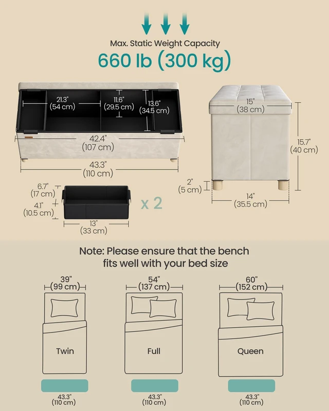 Alt view image 2 of 6 - Storage Ottoman Bench with Legs, 43.3 Inches, 30 Gal. (112 L) | Bench with Legs, Velvet, for Living Room, Entryway, Cappuccino White, MELISA Collection ULSF0518W02
