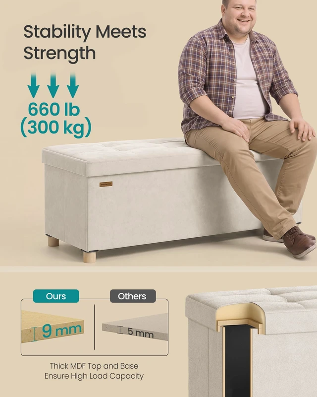Alt view image 3 of 6 - Storage Ottoman Bench with Legs, 43.3 Inches, 30 Gal. (112 L) | Bench with Legs, Velvet, for Living Room, Entryway, Cappuccino White, MELISA Collection ULSF0518W02