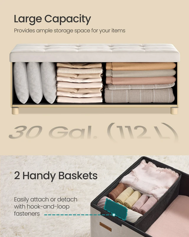 Alt view image 5 of 6 - Storage Ottoman Bench with Legs, 43.3 Inches, 30 Gal. (112 L) | Bench with Legs, Velvet, for Living Room, Entryway, Cappuccino White, MELISA Collection ULSF0518W02