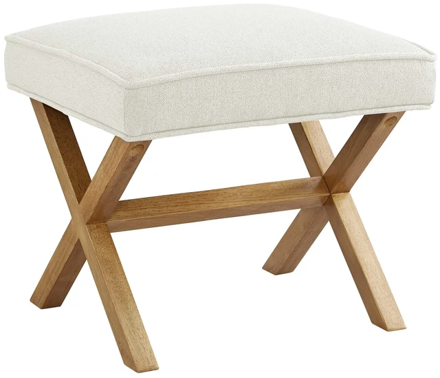 Main image of Small Ottoman Foot Rest, Mid-Century Modern X Square Polyester Foot Stool, Linen, Ivory White, 18" D x 19.8" W x 18.3" H