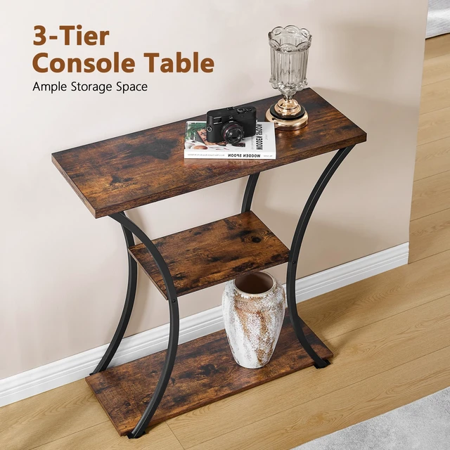 Alt view image 2 of 7 - 3 Tier Console Table with Open Wood Shelves, Decorative Entryway Table with Curved Metal Frames, Narrow Sofa Table for Entrance, Living Room, Hallway, Rustic Brown+Black