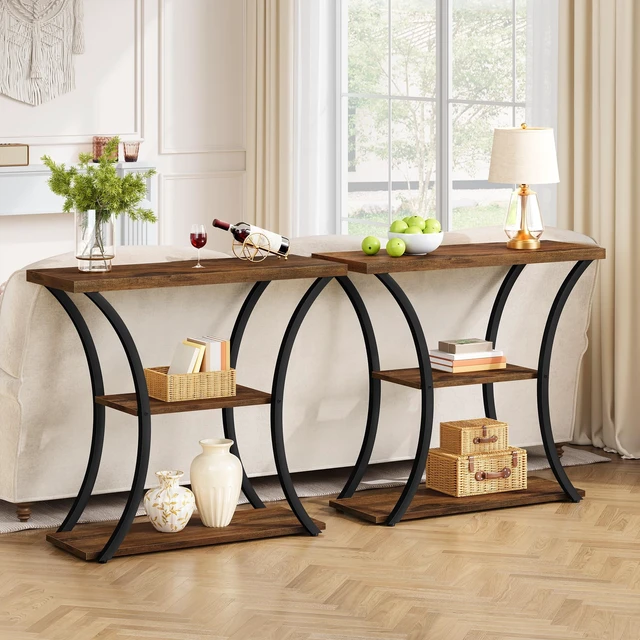 Alt view image 3 of 7 - 3 Tier Console Table with Open Wood Shelves, Decorative Entryway Table with Curved Metal Frames, Narrow Sofa Table for Entrance, Living Room, Hallway, Rustic Brown+Black