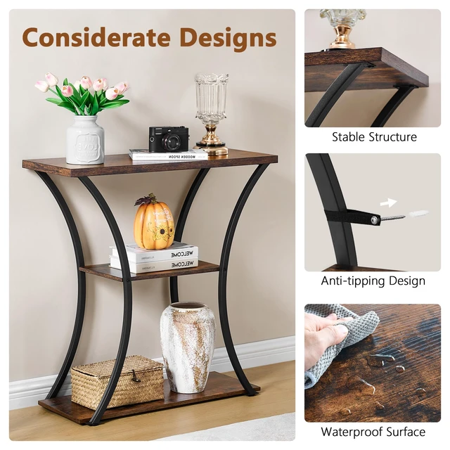 Alt view image 4 of 7 - 3 Tier Console Table with Open Wood Shelves, Decorative Entryway Table with Curved Metal Frames, Narrow Sofa Table for Entrance, Living Room, Hallway, Rustic Brown+Black
