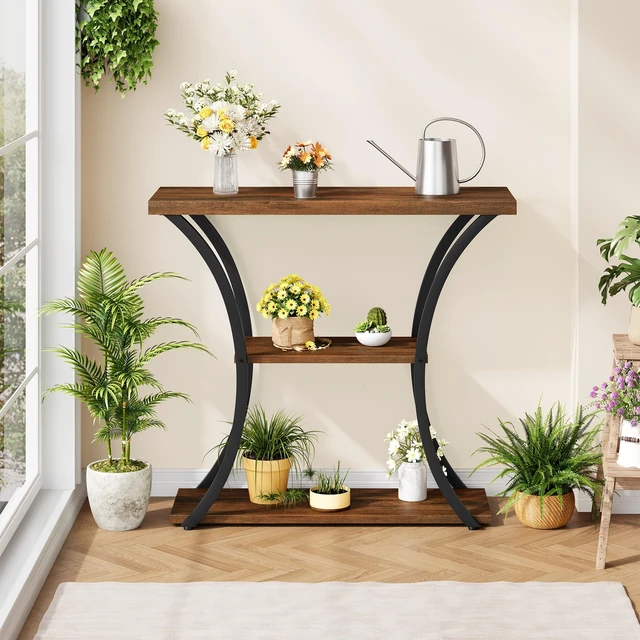 Alt view image 5 of 7 - 3 Tier Console Table with Open Wood Shelves, Decorative Entryway Table with Curved Metal Frames, Narrow Sofa Table for Entrance, Living Room, Hallway, Rustic Brown+Black