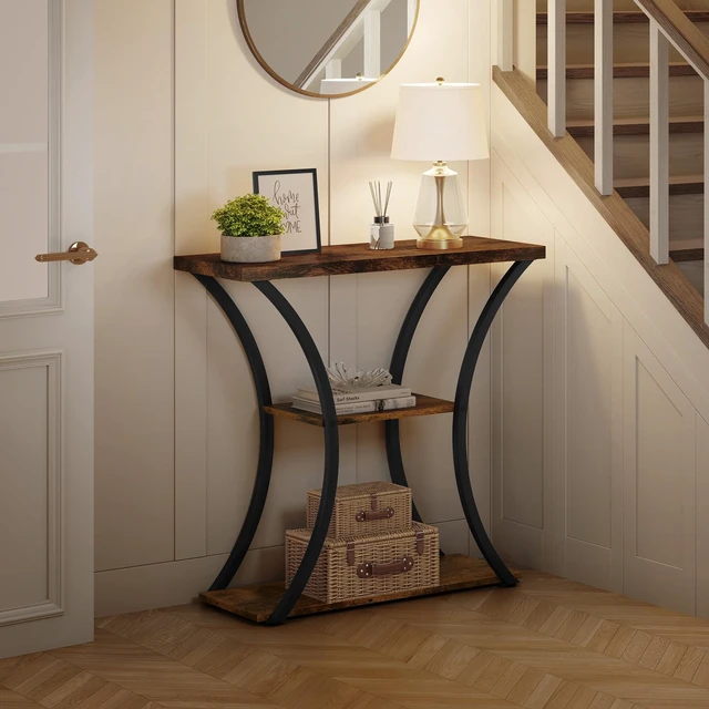 Alt view image 6 of 7 - 3 Tier Console Table with Open Wood Shelves, Decorative Entryway Table with Curved Metal Frames, Narrow Sofa Table for Entrance, Living Room, Hallway, Rustic Brown+Black