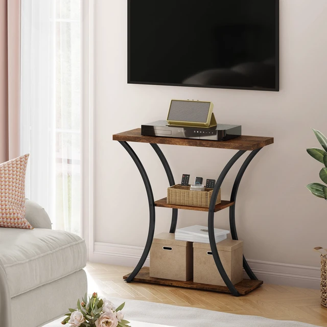 Alt view image 7 of 7 - 3 Tier Console Table with Open Wood Shelves, Decorative Entryway Table with Curved Metal Frames, Narrow Sofa Table for Entrance, Living Room, Hallway, Rustic Brown+Black