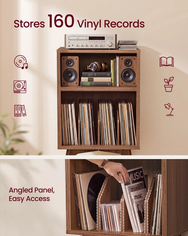 Alt view image 2 of 5 - End Table, Mid-Century Record Player Stand, Holds 160 Albums | Wood Side Table 15.7 x 18.9 x 31.5 in, Open Storage for Living Room, Chestnut Brown, MAEZO Collection ULET291M101
