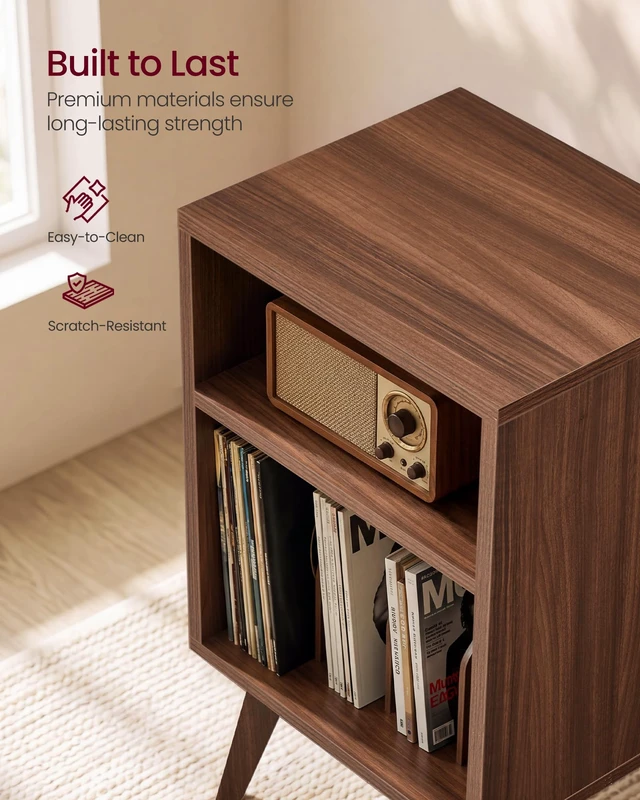 Alt view image 4 of 5 - End Table, Mid-Century Record Player Stand, Holds 160 Albums | Wood Side Table 15.7 x 18.9 x 31.5 in, Open Storage for Living Room, Chestnut Brown, MAEZO Collection ULET291M101