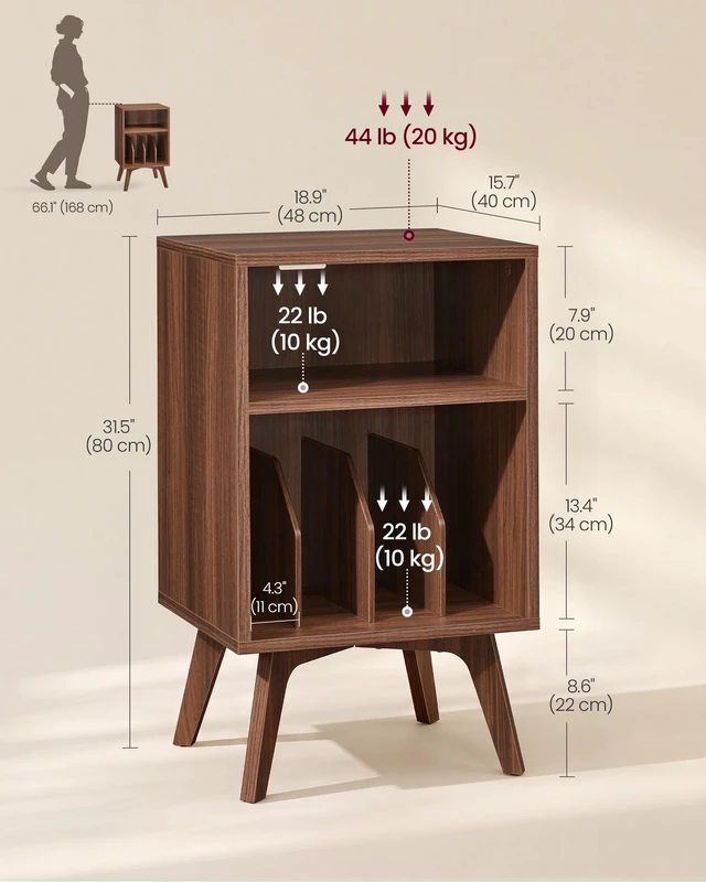 Alt view image 5 of 5 - End Table, Mid-Century Record Player Stand, Holds 160 Albums | Wood Side Table 15.7 x 18.9 x 31.5 in, Open Storage for Living Room, Chestnut Brown, MAEZO Collection ULET291M101