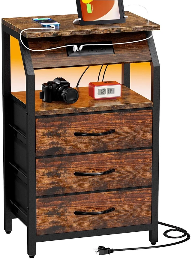 Main image of End Table with Charging Station, LED Lights and 3 Fabric Drawers | Nightstand, Small Night Stand with Large Fabric Drawers Storage, Retro Side Table for Bedside, Living Room Dorm, Rustic Brown