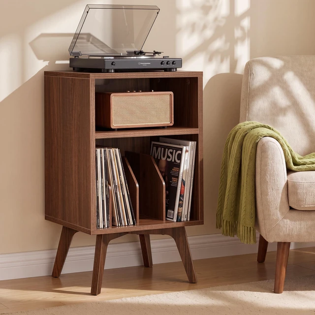 Main image of End Table, Mid-Century Record Player Stand, Holds 160 Albums | Wood Side Table 15.7 x 18.9 x 31.5 in, Open Storage for Living Room, Chestnut Brown, MAEZO Collection ULET291M101