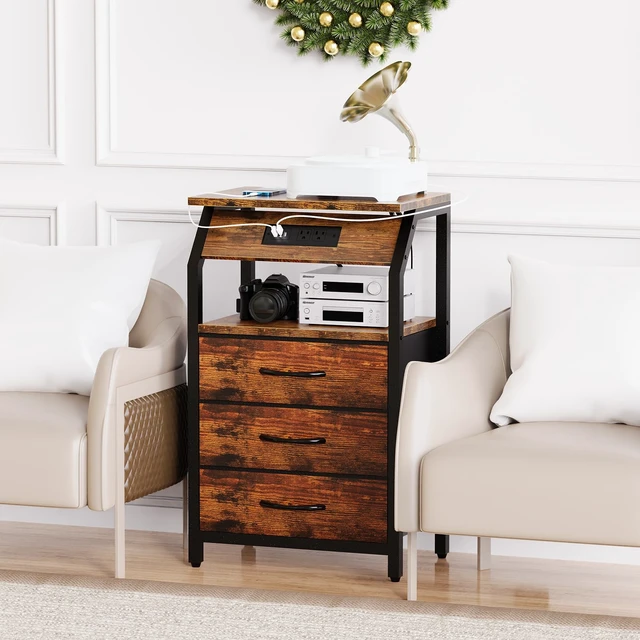 Alt view image 2 of 7 - End Table with Charging Station, LED Lights and 3 Fabric Drawers | Nightstand, Small Night Stand with Large Fabric Drawers Storage, Retro Side Table for Bedside, Living Room Dorm, Rustic Brown