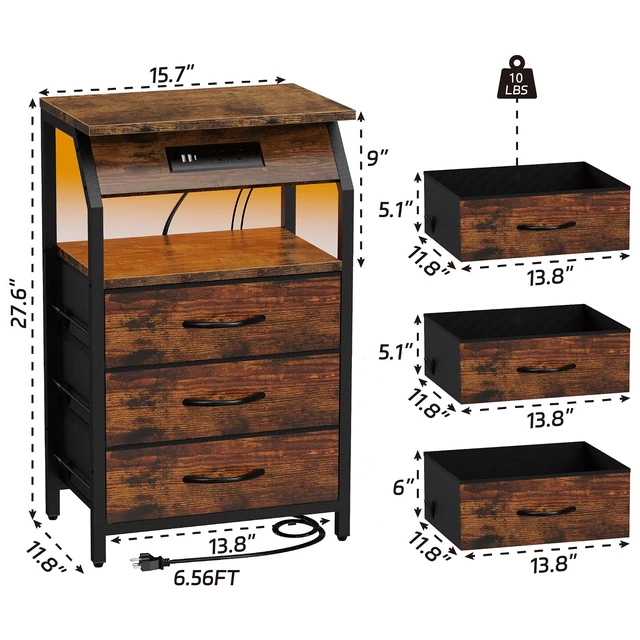 Alt view image 3 of 7 - End Table with Charging Station, LED Lights and 3 Fabric Drawers | Nightstand, Small Night Stand with Large Fabric Drawers Storage, Retro Side Table for Bedside, Living Room Dorm, Rustic Brown