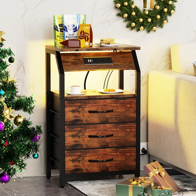 Alt view image 4 of 7 - End Table with Charging Station, LED Lights and 3 Fabric Drawers | Nightstand, Small Night Stand with Large Fabric Drawers Storage, Retro Side Table for Bedside, Living Room Dorm, Rustic Brown