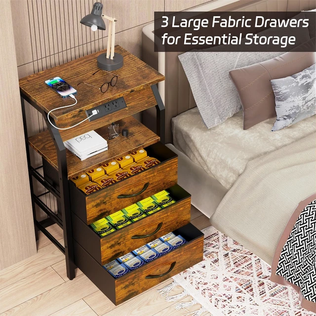 Alt view image 5 of 7 - End Table with Charging Station, LED Lights and 3 Fabric Drawers | Nightstand, Small Night Stand with Large Fabric Drawers Storage, Retro Side Table for Bedside, Living Room Dorm, Rustic Brown