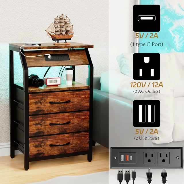 Alt view image 6 of 7 - End Table with Charging Station, LED Lights and 3 Fabric Drawers | Nightstand, Small Night Stand with Large Fabric Drawers Storage, Retro Side Table for Bedside, Living Room Dorm, Rustic Brown