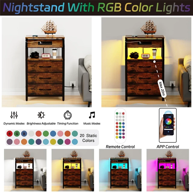 Alt view image 7 of 7 - End Table with Charging Station, LED Lights and 3 Fabric Drawers | Nightstand, Small Night Stand with Large Fabric Drawers Storage, Retro Side Table for Bedside, Living Room Dorm, Rustic Brown