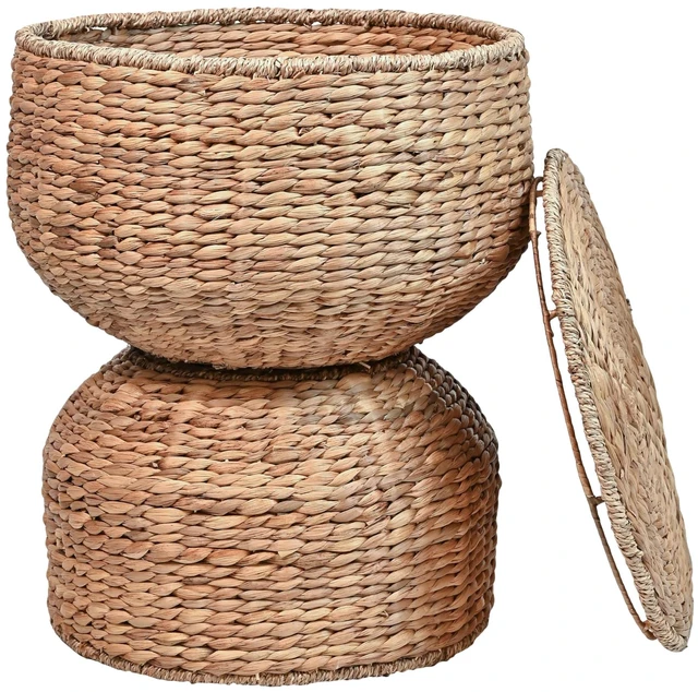 Main image of SAT1000A Bhola 18" Hourglass Handwoven Hyacinth Storage Accent Table with Lid for Storage and Decoration in Bedroom, Living Room, Kitchen, Dining Room, Entryway, Guestroom, Natural