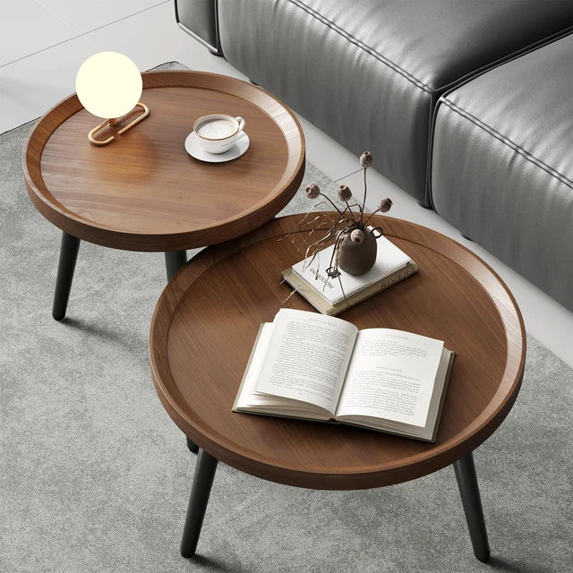 Main image of 2PCS Small Round Coffee Table Set, Walnut Mid Century Modern Nesting Tables Midcentury Coffee Tables for Small Spaces, Circle Wood Center Table for Living Room, Black Side and End Table Set of 2,Brown
